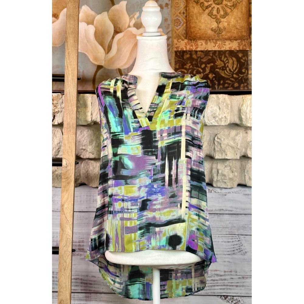 Rose & Olive Purple Green Abstract Brushstroke High Low Sleeveless Blouse Size S